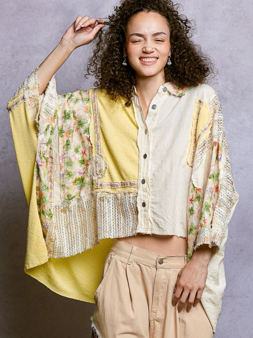 POL Almond Yellow Oversized Mixed Fabric Blouse (NWOT)